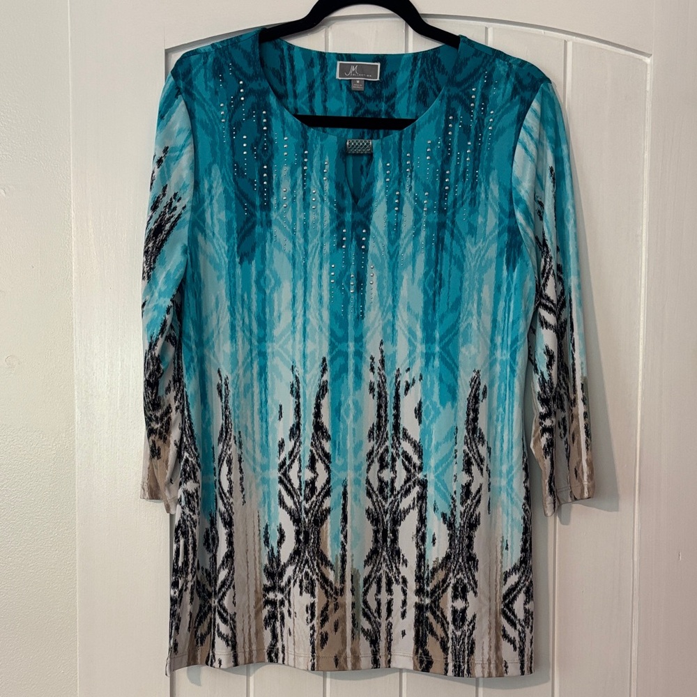 JM Collection Blue/Black/Studded Woman’s 3/4 length sleeve blouse.